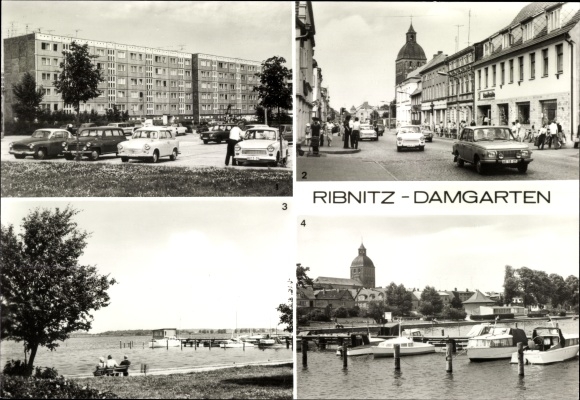 Ansichtkaart Ribnitz Damgarten, G.-A. Demmler Strasse, Karl Marx Strasse, zeilhaven aan de Bodden