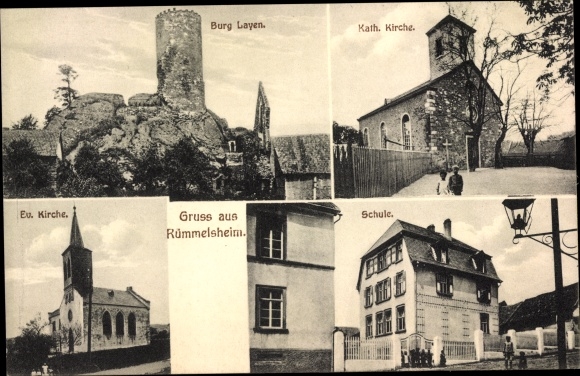 Postcard Rümmelsheim Rhineland Palatinate, Layen Castle, Catholic and Protestant Church, school