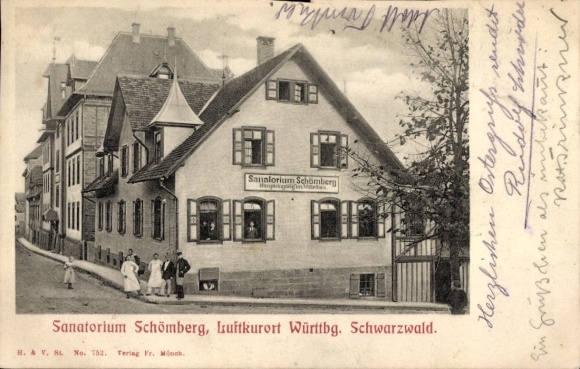 Postcard Schömberg in the Black Forest Württemberg, Sanatorium climatic health resort, Black Forest, 5 people, building