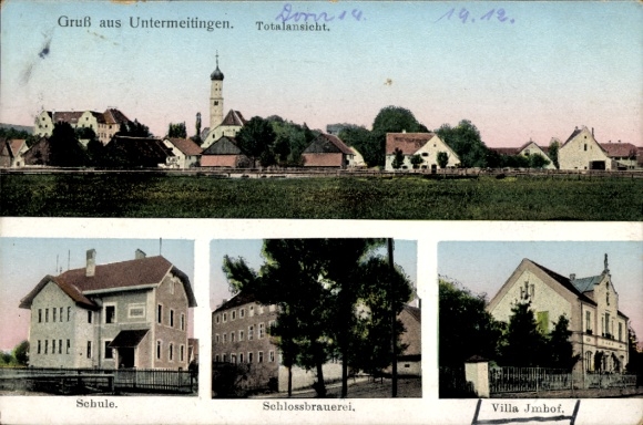 Postcard Untermeitingen in Swabia, general view of the town, school, castle brewery, Villa Imhof