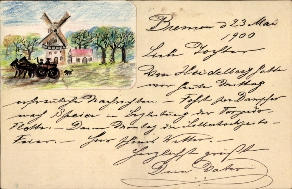 Hand-painted postal stationery PC, local party, windmill