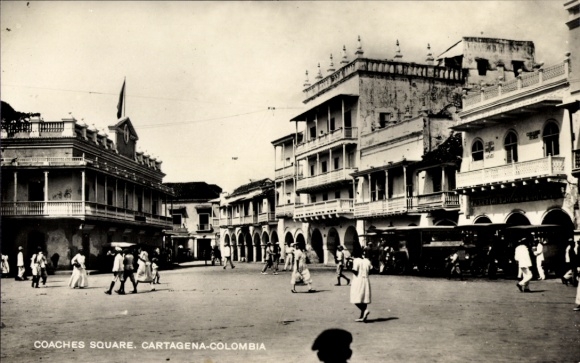 Postcard Cartagena Colombia, Coaches Square, street scene in the city, buses, pedestrians