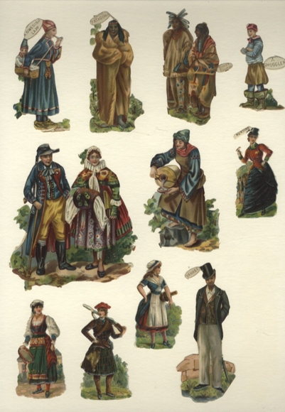 11 wafers of men and women of different nations in traditional clothing, approx. 10 x 9 to 7 x 3