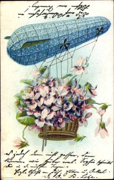 PC Zeppelin made of forget-me-nots, flower basket, kitsch