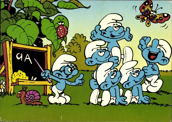 Postcard The Smurfs, Brainy Smurf, Butterfly, Snail, Beetle