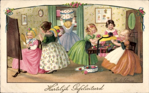 Artist Postcard Ebner, Pauli, Congratulations, Women at the Hatter