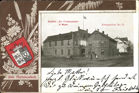 Wapenschild passe-partout ansichtkaart Halstenbek Schleswig Holstein, Gasthof Zur Friedenseiche