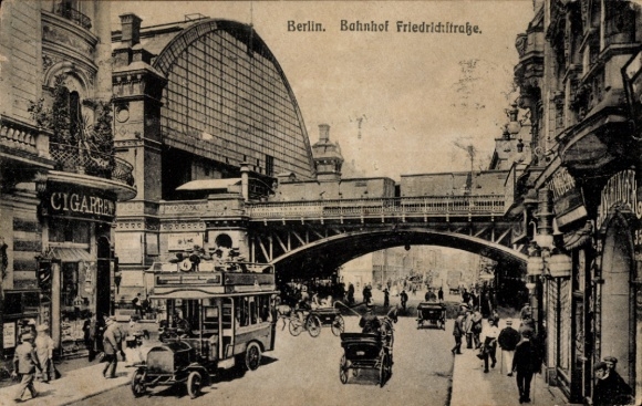 Postcard Berlin Friedrichshain, Friedrichstraße station, street view, tram