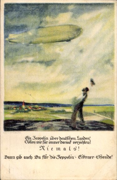 Artist Postcard Amtsberg, Otto, Zeppelin Eckener donation, waving man, airship