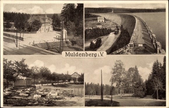 Postcard Muldenberg Grünbach in Vogtland Sachsen, Bahnhofshotel Weidlichhaus, railway barrier, dam