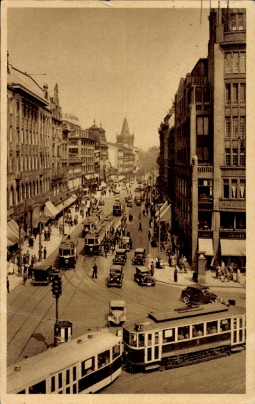 Postcard Praha Prague, Graben, Prikopy, street section, tram