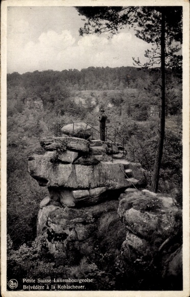 Postcard Berdorf Luxembourg, rock formation, viewpoint, person on rock