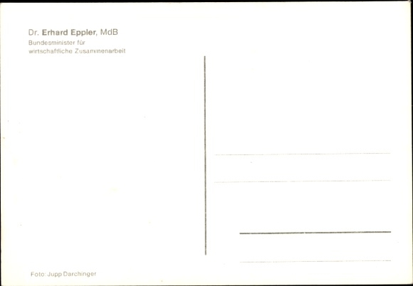 Postcard Dr. Erhard Eppler, Federal Minister for Economic Cooperation, autograph