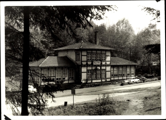 Postcard Finsterbergen Friedrichroda in the Thuringian Forest, Black Forest house, forest, road, trees, Black-W