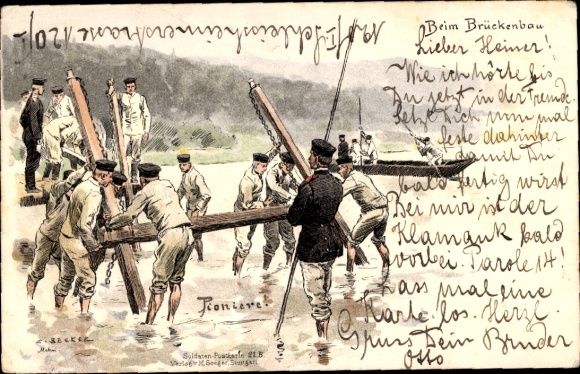 Kunstenaar litho Becker, Carl, pionier in het bouwen van bruggen