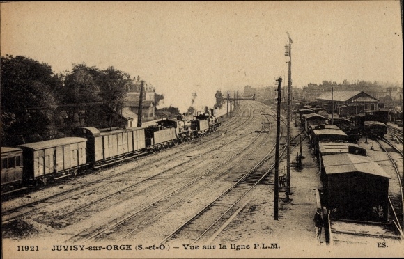 Ak Juvisy sur Orge Essonne, Vue sur la ligne PLM, Bahnhof, Gleisseite, Dampflok