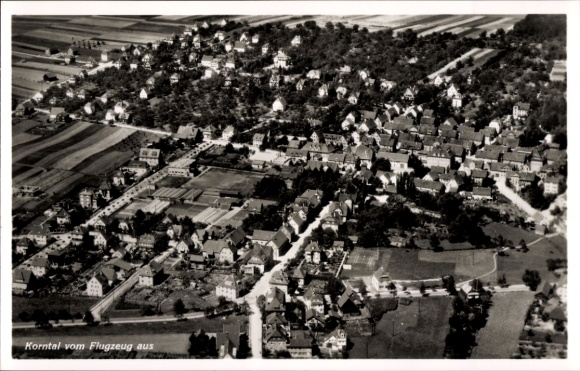 Postcard Korntal Münchingen in Strohgäu, aerial photograph, city view, buildings, fields