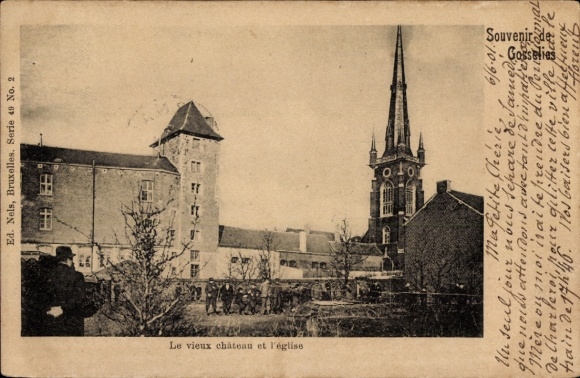 Postcard Gosselies Charleroi Wallonia Hainaut, castle, church
