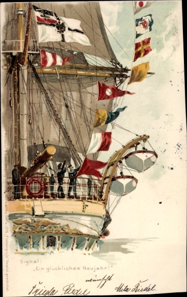 Artist Chromo-Litho Bohrdt, Hans, Happy New Year, Signal, German Warship