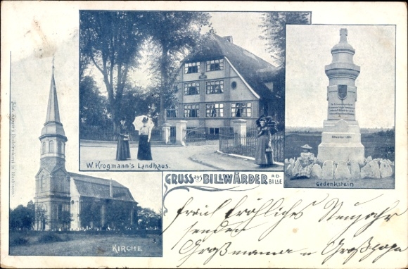 Ak Hamburg Bergedorf Billwerder Billwärder, Kerk, Landhaus W. Krogmann, Gedenksteen