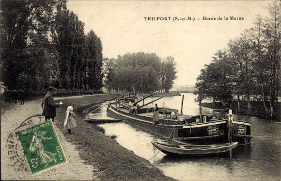 Ak Trilport Seine et Marne, Schiff auf der Marne, Bäume, Person mit Kind, Poststempel