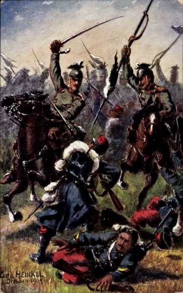 Kunstenaar Ak Henckel, Carl, Slagveldscène, Duitse Ulanen, Franse infanterie