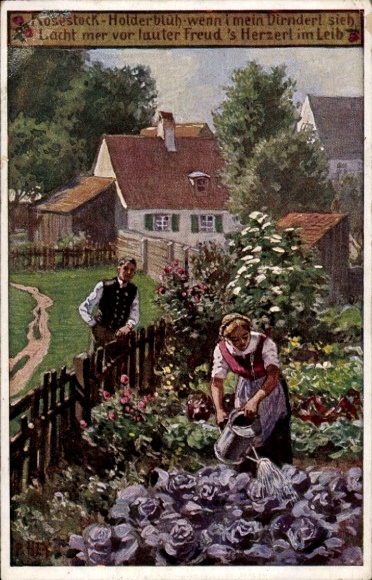 Lied Ak Hey, Paul, Volksliederkarte Nr. 41, Rosestock, Holderblüh, Frau gießt Kohlköpfe