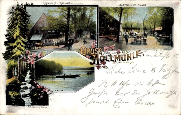 Ak Penig in Sachsen, Restaurant Höllmühle, Garten mit Kolonnade, Teich, Fluss