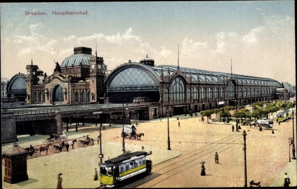 Postcard Dresden old town Seevorstadt, main station, tram
