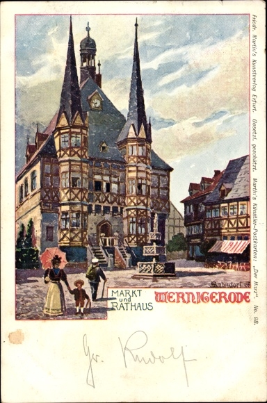 Kunstenaarskaart Bahndorf, Wernigerode am Harz, markt, gemeentehuis