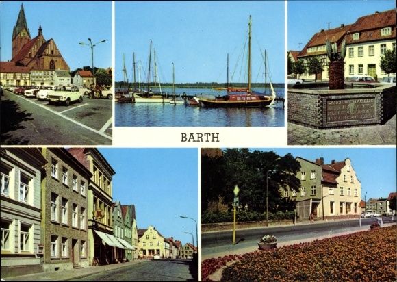 Postcard Barth on the Baltic Sea, market, on the pier, fountain, Ernst Thälmann Straße, park Dammstr.