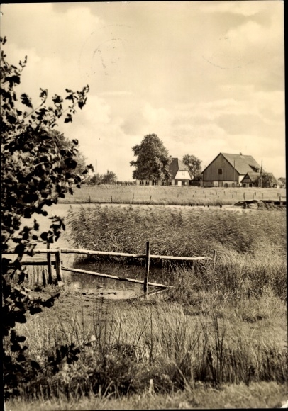 Postcard Ostseebad Prerow on the Darß, Baltic Sea resort, crab town, landscape with fields and farms