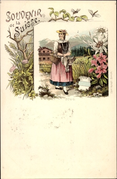 lito Canton Zug, Souvenir de la Suisse, kobieta w kostiumie, szarotka alpejska