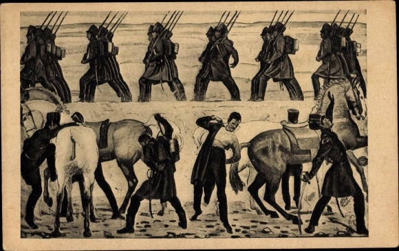 Studentika kunstenaarskaart Hodler, Ferd., Jenenser studenten rond 1813, soldaten