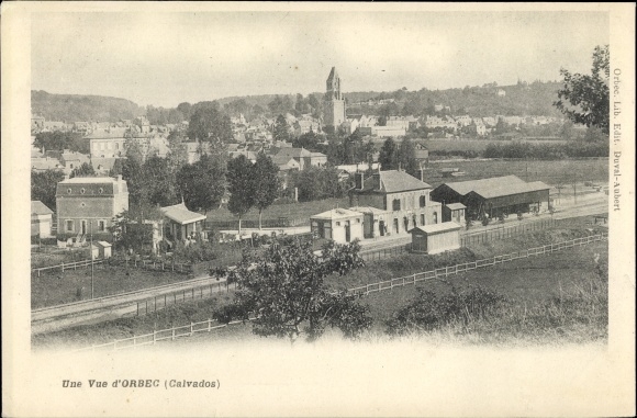 Postcard Orbec Calvados, Une Vue, town view, train station
