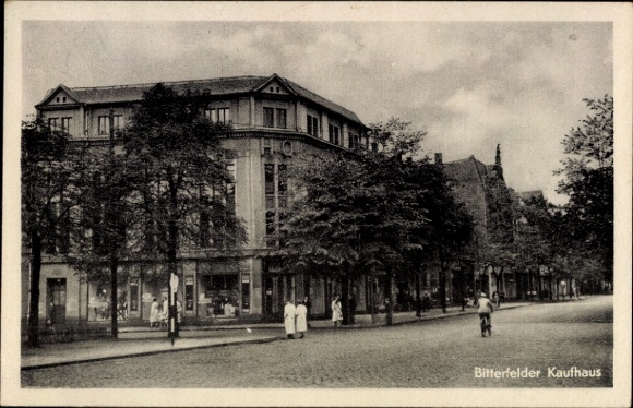 Postcard Bitterfeld in Saxony-Anhalt, Bitterfeld department store, architecture, trees, street view, black