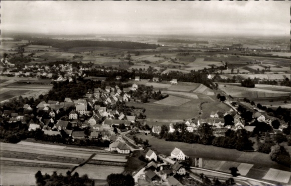 Postcard Rot am See Württemberg, aerial view of a small village, green fields, scattered houses