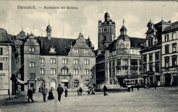 Postcard Darmstadt in Hesse, market square with town hall, tram, people