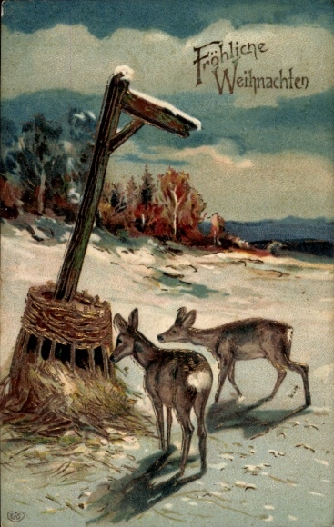 Embossed PC Congratulations Christmas, two deer, snow, signpost