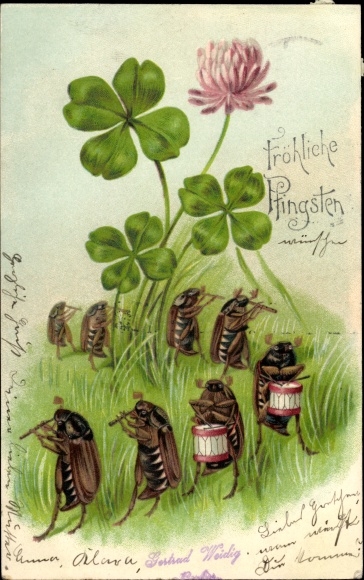 Chromo-Litho congratulations on Pentecost, musical cockchafers, lucky clovers