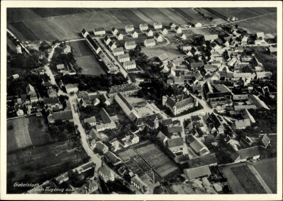 Postcard Giebelstadt in Lower Franconia, aerial view of houses, fields, streets