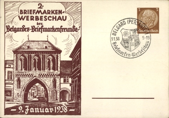 Postwaardestuk kunstenaar ansichtkaart Schubert, Bialogard Belgard Pommeren, 2e postzegelreclameshow 1938