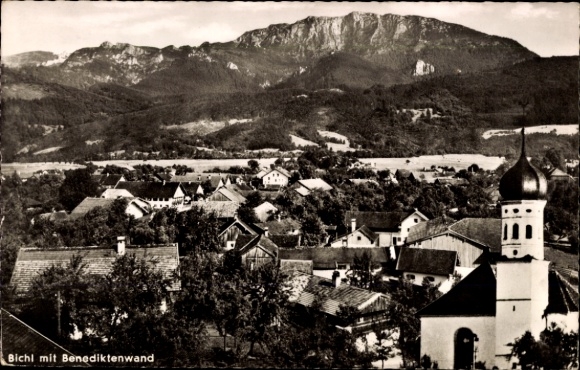 Postcard Bichl in Upper Bavaria, Bichl with Benediktenwand, mountain landscape, houses, church