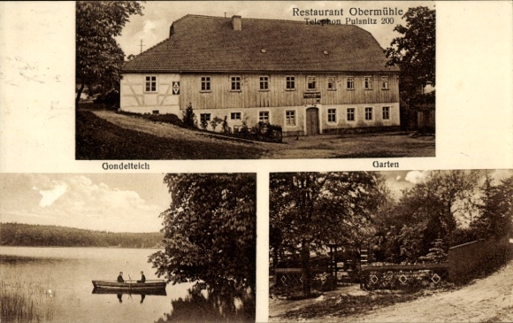 Postcard Pulsnitz Saxony, Restaurant Obermühle, Gondola Pond