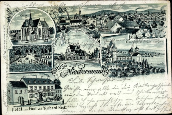 lito Niedermendig Mendig w Eifel, kościół klasztorny, Hotel zur Post, dworzec kolejowy, pobocze toru