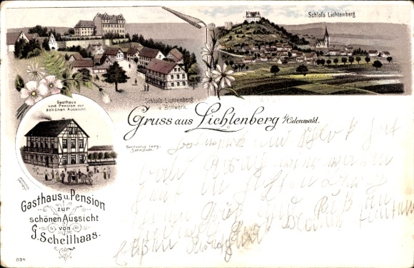 Chromo-Litho Lichtenberg Fischbachtal in the Odenwald, castle, inn and guesthouse with a beautiful view