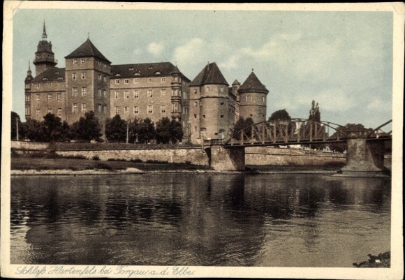 Ak Torgau an der Elbe Nordsachsen, Flussblick auf Schloss Hartenfels, Brücke