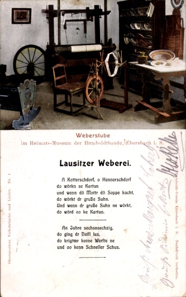 Postcard Ebersbach in Saxony, weaver's room in the local museum, poem Lusatian weaving mill
