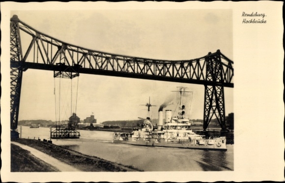 Postcard Rendsburg in Schleswig Holstein, Rendsburg High Bridge, warship