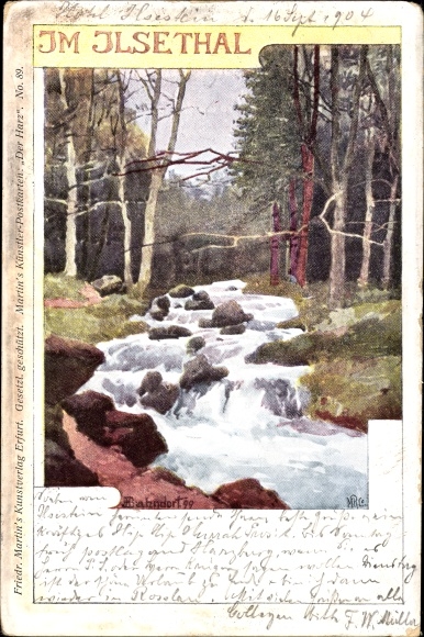 Kunstenaar litho Bahndorf, Heribert, Ilsenburg Harz, stroomversnellingen in het Ilsetal